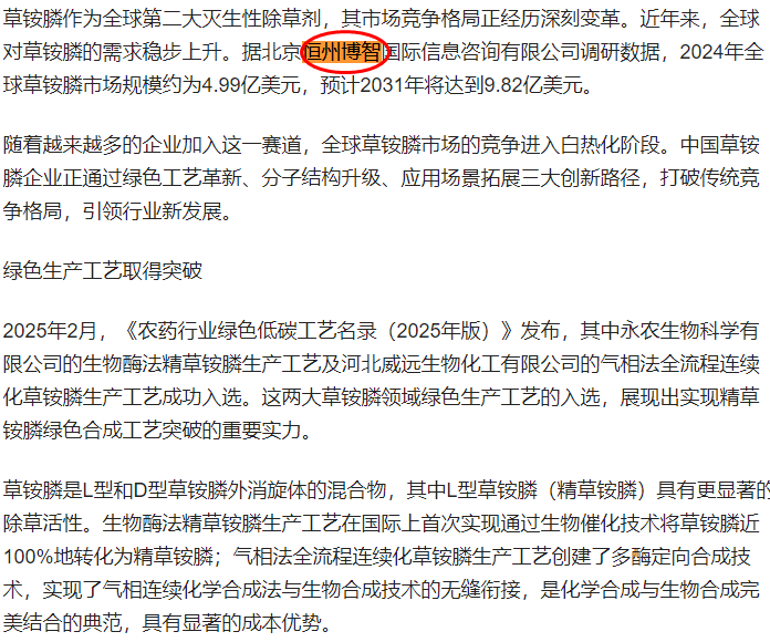 Sina Finance included a report on the glufosinate ammonium market analysis published by Hengzhou Bozhi on 15 April.