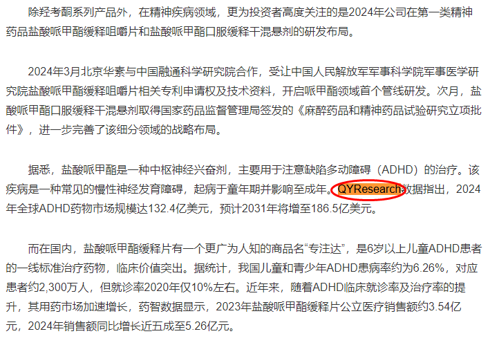 ADHD Drugs Market Report published by QYResearch cited by CGC on 30 April
