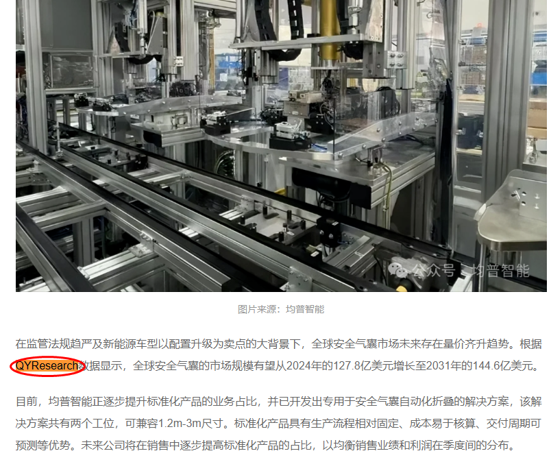 On 11 June, Ningbo Junpu Intelligent Manufacturing Co., Ltd. cited a safety airbag market report published by QYResearch.