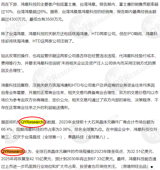 On 5 August, Hongxing Technology (Group) Co., Ltd. cited a market report on quartz crystal components published by QYResearch in its prospectus.
