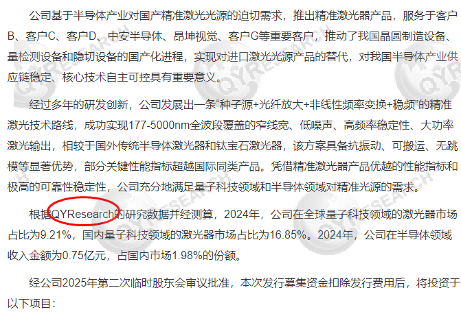 Shanghai Pinzhun Laser Technology Co., Ltd. cited the laser market report published by QYResearch in its IPO project.