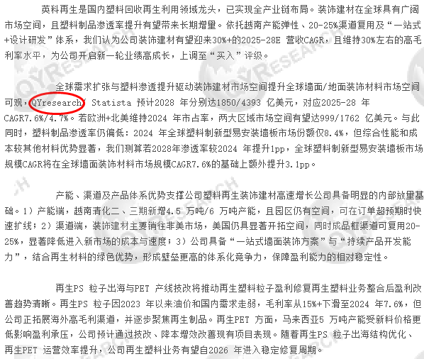 On December 11, Yingke Renewable Resources Co., Ltd. cited a plastic products market report published by QYresearch.