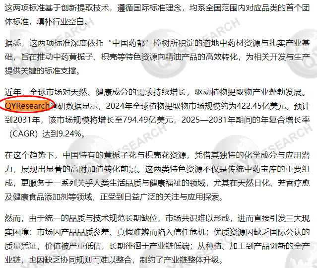 On December 12, Jiangxi Ruixiuqi Technology Co., Ltd. cited a plant extract market report published by QYResearch.