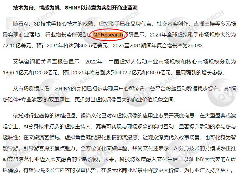 On December 12, Securities Times Network featured a virtual singer market report published by QYResearch.