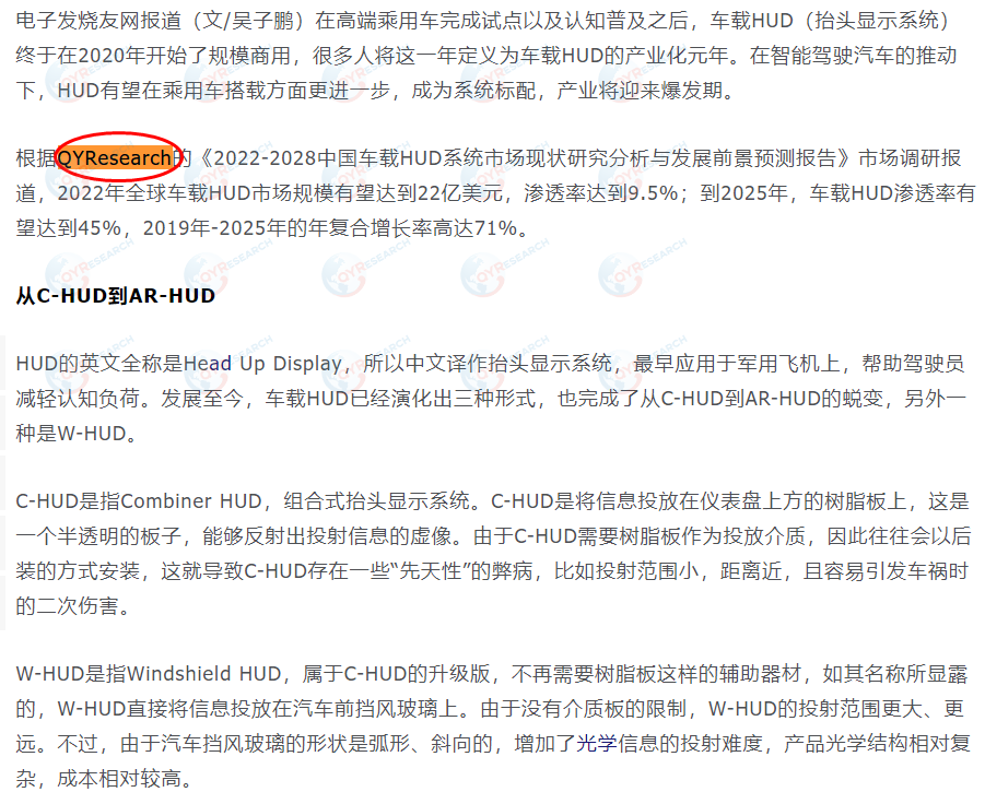 Sina.com has featured the market report on in-vehicle HUD systems published by QYResearch