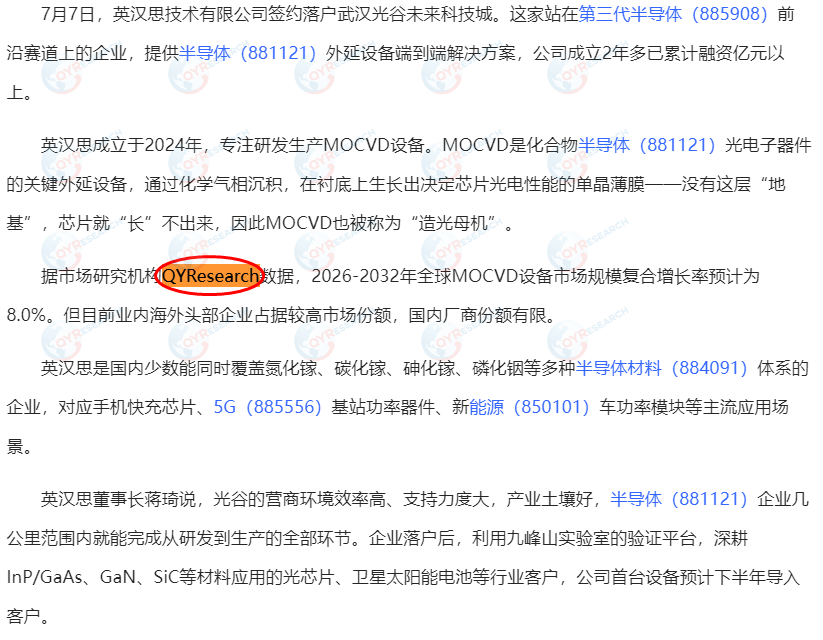 Yinghansi Technology Co., Ltd. cited the MOCVD Equipment Market Report published by QYResearch