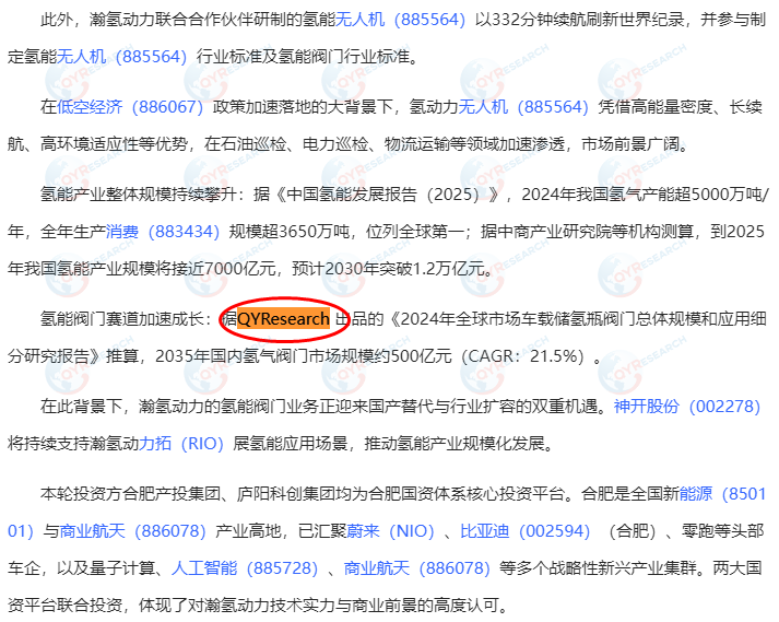 On July 10, Tonghuashun Finance featured a research report on valves for automotive hydrogen storage tanks published by QYResearch.
