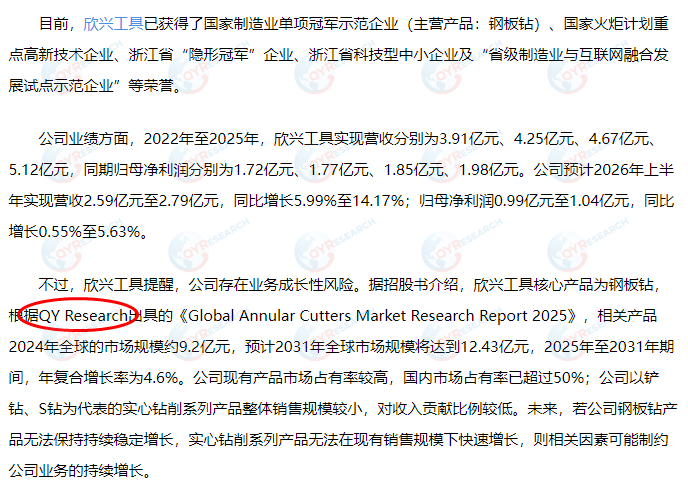 On July 30, Xinxing Tools cited a market report on ring cutters published by QYResearch.