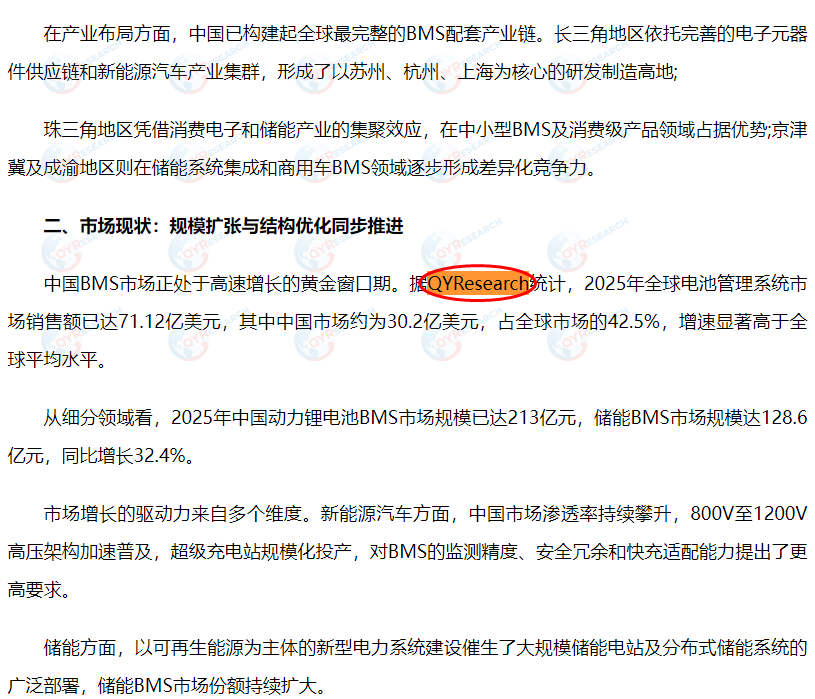 Zhongyan.com has included the battery management system market report published by QYResearch