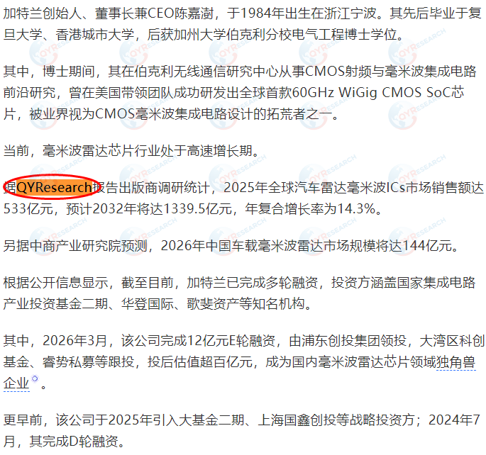 Gatland Microelectronics Technology (Shanghai) Co., Ltd. cited a market report on automotive radar millimeter-wave ICs published by QYResearch.