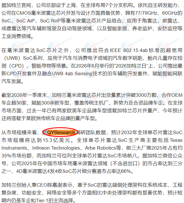 On August 4, Gatland Microelectronics Technology (Shanghai) Co., Ltd. cited a market report on single-chip radar SoCs published by QYResearch.