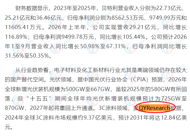 Suzhou Beteli Polymer Materials Co., Ltd. cited a 3C coatings market report published by QYResearch in its prospectus.
