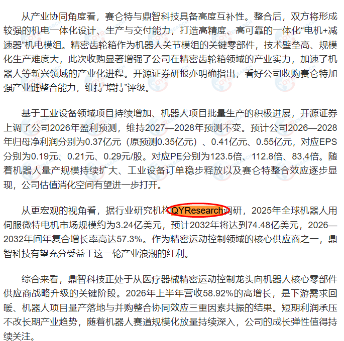 On September 4, Jiangsu Dingzhi Intelligent Control Technology Co., Ltd. cited a market report on servo micro-specialty motors for robots published by QYResearch.